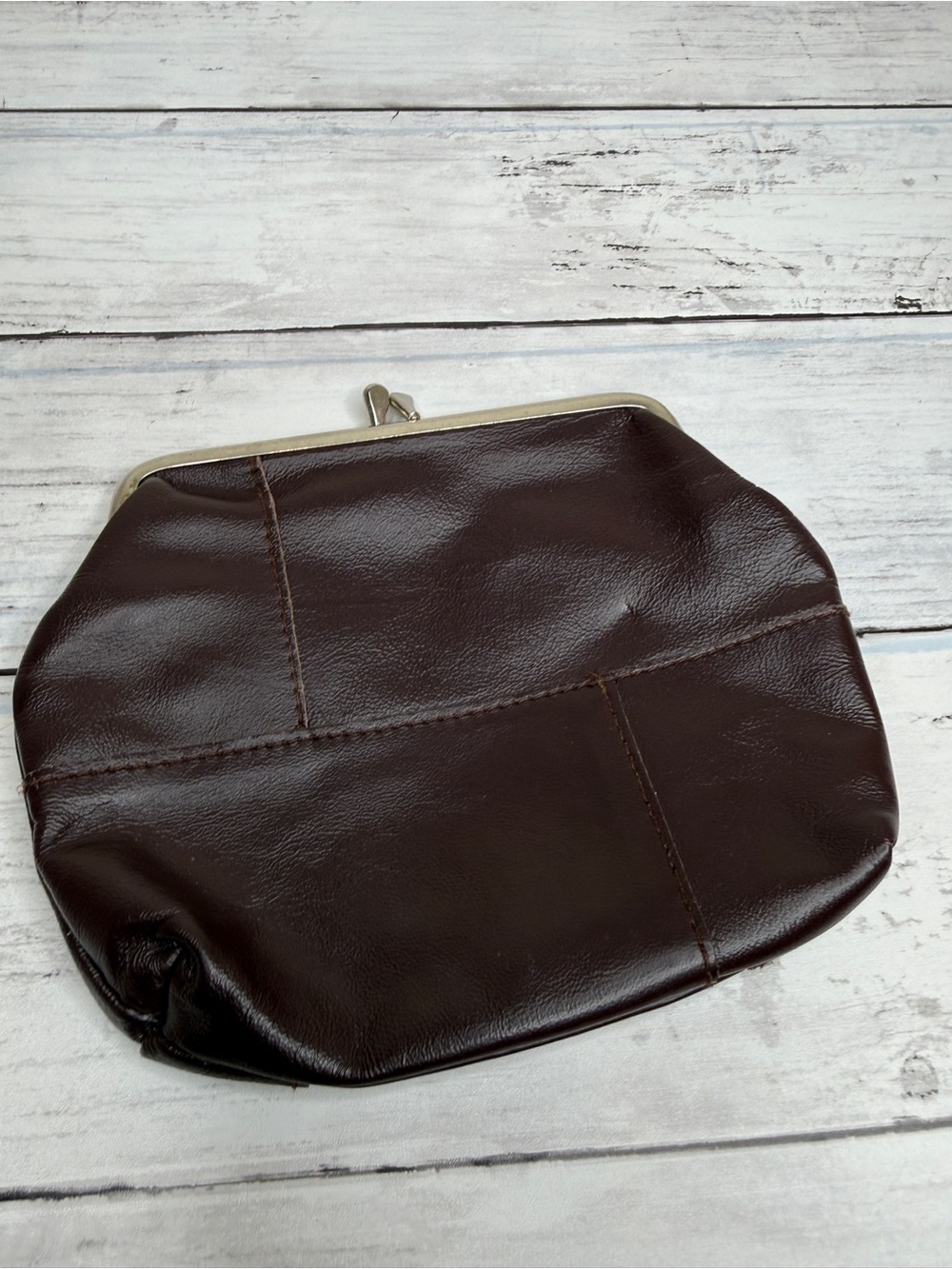 Dark Brown Leather Kiss-Lock Wristlet Clutch